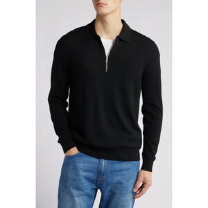 New Men's NN07 Quarter Zip Wool Polo Sweater Black Size L